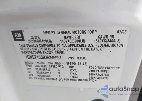 2003 Chevrolet Trailblazer Ext Ls из США, поврежденный, VIN 1GNET16S936245951